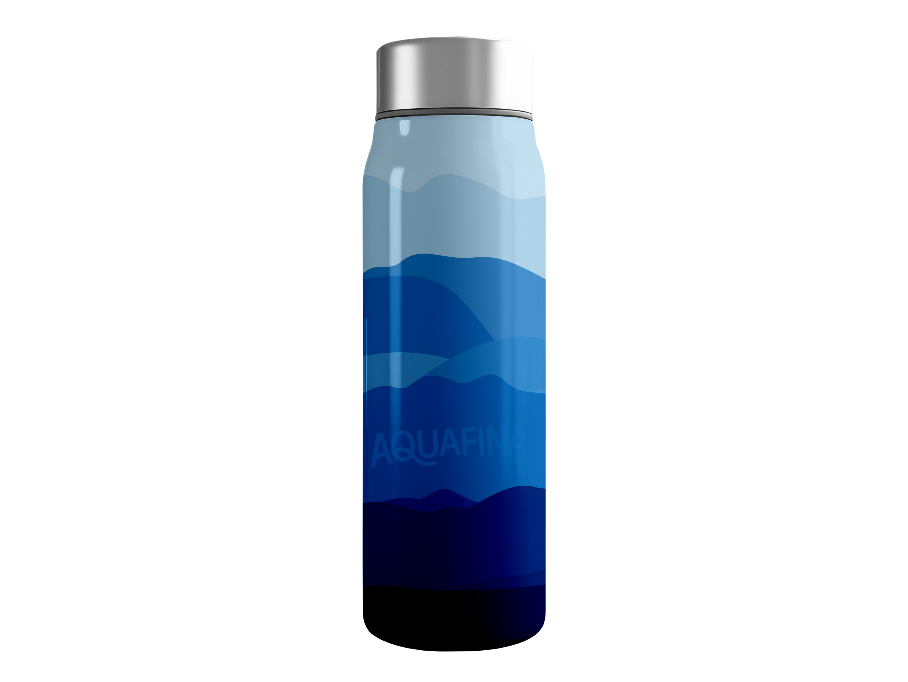 a photo of a metal bottle designed with simple flat colors that are made to resemble a mountain range